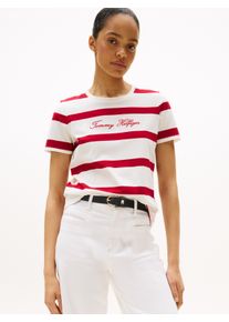 Tommy Hilfiger Damen Kurzarmshirt "SCRIPT REG C-NK SS T-SHIRT"breton stp iovry, med rot, casual, Gr. XXXL, gestreift, Single Jersey, Obermaterial: