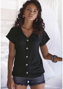 Lascana Kurzarmshirt 'mit Zierknopfleiste' schwarz Gr. 32/34 für Damen. V-Ausschnitt und Zierknopf. Bequem. Nachhaltig.