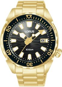 Lorus Herren Quarzuhrgoldfarben, schwarz, Armbanduhren, Armbanduhr, Herrenuhr, Silikonarmband, analog, Datum, Leuchtindizes