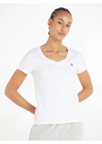 Damen V-Shirt "CK EMBROIDERY STRETCH V-NECK", weiß, Basic, Gr. XXL, Calvin Klein Jeans, unifarben, bestickt, Jersey, Obermaterial: 94% Baumwolle, 6%