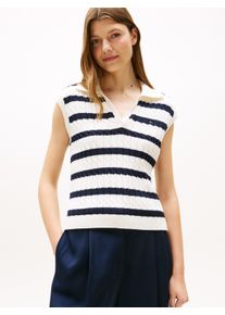 Tommy Hilfiger Damen Strickpullover "CO CABLE MID GG OPEN POLO VEST"ivory silk, schwarz night navy stp, casual, Gr. XL, gestreift, Strick,