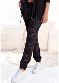 Lascana Damen Loungehose, Gr. 32, schwarz, angeraute Sweatware, Obermaterial: 50% Baumwolle, 50% Polyester, geblümt, casual, Hosen, mit floralem