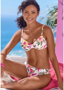 Lascana Damen Bikini-Hose "Malia", weiß, Gr. 36, bedruckt, floral, Polyamid, Microfaser, Badehosen, mit Umschlagbund mit tropischem Print