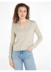 Tommy Jeans Damen Strickpullover "TJW ESSENTIAL VNECK SWEATER EXT", weiß, Basic, Gr. M, meliert, Strick, Obermaterial: 53% Baumwolle, 40% Viskose, 7%