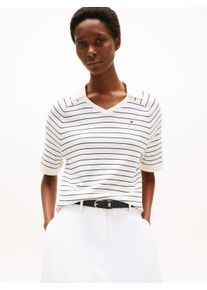 Tommy Hilfiger Damen Strickpullover "CO JERSEY STCH POLO V-NK S/S SWT"ivory silk, schwarz night navy fine stp, casual, Gr. L, gestreift, Strick,