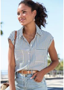Vivance Damen Kurzarmblusecreme, blau gestreift, modisch, Gr. 34, gestreift, Web, Obermaterial: 52% Viskose, 48% Polyester, Blusen, mit