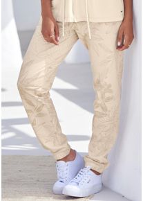 Lascana Damen Loungehose, Gr. 32, beige, angeraute Sweatware, Obermaterial: 50% Baumwolle, 50% Polyester, geblümt, casual, Hosen, mit floralem