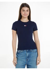 Tommy Jeans Damen T-Shirt "TJW SLIM BADGE RIB TEE", blau, casual, Gr. M, unifarben, Rippware, Obermaterial: 95% Baumwolle, 5% Elasthan, Shirts, in