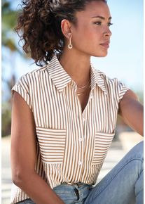 Vivance Damen Kurzarmblusecreme, sand gestreift, modisch, Gr. 36, gestreift, Web, Obermaterial: 52% Viskose, 48% Polyester, Blusen, mit