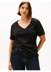 Damen V-Shirt "CRV SLIM CODY V-NK SS", schwarz, casual, Gr. 46, Tommy Hilfiger Curve, unifarben, Single Jersey, Obermaterial: 100% Baumwolle, Shirts,