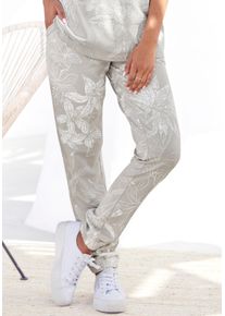 Lascana Damen Loungehose, Gr. 32, grau, angeraute Sweatware, Obermaterial: 50% Baumwolle, 50% Polyester, geblümt, casual, Hosen, mit floralem