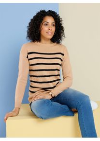 Classic Basics Damen Strickpullover "Langarm-Pullover"camel, schwarz, geringelt, Gr. 52, gemustert, gestreift, 100% Polyacryl, Pullover
