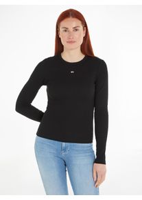 Tommy Jeans Damen Langarmshirt "TJW SLIM ESSENTIAL RIB LS", schwarz, casual, Gr. L, unifarben, Rippware, Obermaterial: 95% Baumwolle, 5% Elasthan,