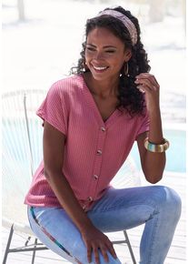 Lascana Kurzarmshirt 'mit Zierknopfleiste' pink Gr. 32/34 für Damen. V-Ausschnitt und Zierknopf. Bequem. Nachhaltig.