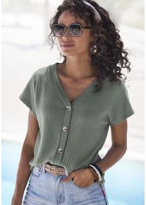 Lascana Kurzarmshirt 'mit Zierknopfleiste' beige Gr. 32/34 für Damen. V-Ausschnitt und Zierknopf. Bequem. Nachhaltig.