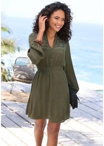 Buffalo Sommerkleid beige Gr. 34 für Damen. V-Ausschnitt und Stoffüberzogene Knöpfe, Stickerei. Figurumspielend. Nachhaltig.