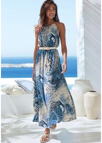Lascana Maxikleid blau Gr. 34 für Damen. Amerikanischer Ausschnitt und Allover-Druck. Figurumspielend. Nachhaltig.
