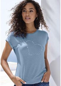 Lascana Kurzarmshirt 'mit Lascana Herz Print' blau Gr. 32/34 für Damen. Rundhals und Print. Figurumspielend. Nachhaltig.