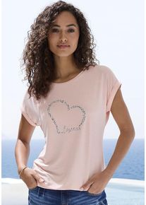 Lascana Kurzarmshirt 'mit Lascana Herz Print' peach Gr. 32/34 für Damen. Rundhals und Print. Figurumspielend. Nachhaltig.