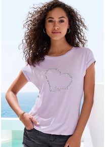 Lascana Kurzarmshirt 'mit Lascana Herz Print' lila Gr. 32/34 für Damen. Rundhals und Print. Figurumspielend. Nachhaltig.
