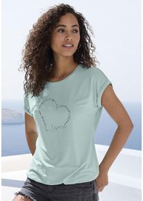 Lascana Kurzarmshirt 'mit Lascana Herz Print' grün Gr. 32/34 für Damen. Rundhals und Print. Figurumspielend. Nachhaltig.