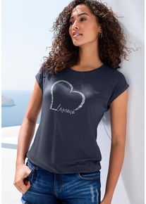 Lascana Kurzarmshirt 'mit Lascana Herz Print' blau Gr. 32/34 für Damen. Rundhals und Print. Figurumspielend. Nachhaltig.