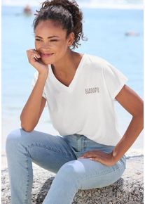 ELBSAND V-Shirt weiß Gr. L (40) für Damen. V-Ausschnitt und Logodruck. Figurumspielend. Nachhaltig.
