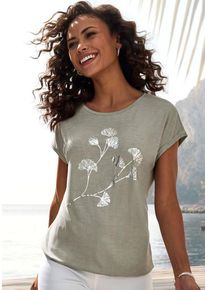 Lascana Kurzarmshirt 'mit schimmerndem Blumenprint' beige Gr. 32/34 für Damen. Mit Rundhals. Bequem. Nachhaltig.