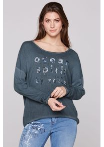 SOCCX Damen Rundhalspullover, blau, casual, Gr. ML, bedruckt, Material: 60% Baumwolle, 40% Viskose, Pullover, mit Rollsäumen