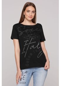 SOCCX Damen Rundhalsshirt, schwarz, casual, Gr. XS, bedruckt, Glitzermuster, Material: 100% Baumwolle, Shirts, mit U-Boot-Ausschnitt