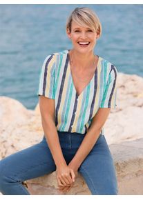 Classic Basics Damen Kurzarmblusemittelblau, gelb, gestreift, Gr. 56, gemustert, gestreift, mehrfarbig, 100% Polyester, Blusen