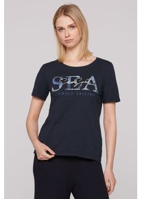 SOCCX Damen Rundhalsshirt, blau, casual, Gr. XS, bedruckt, Material: 100% Baumwolle, Shirts, mit Turn-Up-Ärmel