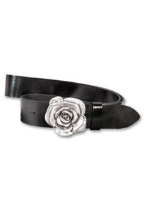Silbergift Damen Koppelgürtel, schwarz, modisch,feminin, Gr. 80, unifarben, Rindsleder, Gürtel, mit großer Rosen-Schließe