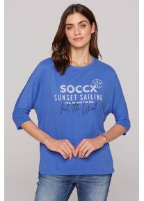 SOCCX Damen 3/4-Arm-Shirt, blau, casual, Gr. ML, bedruckt, Material: 50% Baumwolle, 50% Polyester, Shirts, mit längerer Rückenpartie