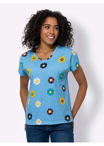 Classic Basics Damen Kurzarmshirt "V-Shirt", blau, Gr. 52, geblümt, gemustert, mehrfarbig, 100% Baumwolle, Shirts