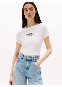 Tommy Jeans Damen Kurzarmshirt "TJW SLIM LOGO 2 POINTELLE TEE", beige, casual, Gr. M, unifarben, Single Jersey, Obermaterial: 60% Baumwolle, 40%