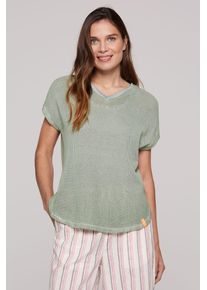 SOCCX Damen V-Ausschnitt-Pullover, grün, casual, Gr. S, bedruckt, Glitzermuster, Material: 60% Baumwolle, 40% Viskose, Pullover, mit überschnittenen