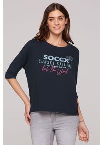 SOCCX Damen 3/4-Arm-Shirt, blau, casual, Gr. XS, bedruckt, Material: 50% Baumwolle, 50% Polyester, Shirts, mit längerer Rückenpartie