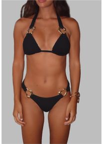 MODA MINX Damen Bikini-Hose, schwarz, Gr. M, 97% Polyamid, 3% Elasthan, Badehosen, mit dekorativen goldenen Ringen