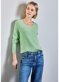 Street One Damen V-Ausschnitt-Pullovermilky grün meliert, casual, Gr. 42, meliert, Strukturmuster, Feinstrick, Obermaterial: 50% Viskose, 28%