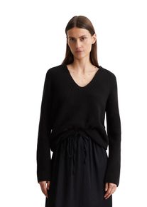 Marc O'Polo MARC O'POLO Damen V-Ausschnitt-Pullover "aus softem Baumwoll-Garn", schwarz, casual, Gr. XS, unifarben, Obermaterial: 100% Baumwolle, Pullover