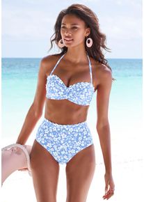 Vivance Damen Bügel-Bandeau-Bikini-Top "Leni", blau, Gr. 34, floral, bedruckt, Microfaser, Bikini-Oberteile, mit gelaserter Wellenkante
