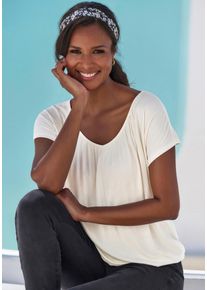 Lascana Damen Kurzarmshirt, beige, Basic, Gr. 32, unifarben, Single Jersey, Obermaterial: 95% Viskose (LENZING ECOVERO), 5% Elasthan, Shirts, mit