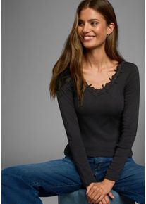 AJC Damen Langarmshirt, schwarz, feminin, Gr. 32, clean, unifarben, Rippware, Obermaterial: 100% Baumwolle. Spitze: 100% Polyester, Shirts, Langarm,