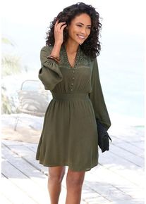 Buffalo Sommerkleid beige Gr. 34 für Damen. V-Ausschnitt und Stoffüberzogene Knöpfe, Stickerei. Figurumspielend. Nachhaltig.