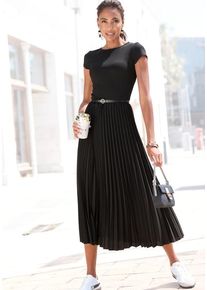 Lascana Midikleid schwarz Gr. 34 für Damen. Mit Rundhals. Figurumspielend. Nachhaltig.