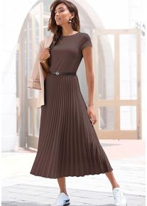 Lascana Midikleid braun Gr. 34 für Damen. Mit Rundhals. Figurumspielend. Nachhaltig.