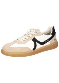 Mustang Shoes Herren Slip-On Sneaker, Gr. 44, beige, Lederimitat, kontrastfarbene Details, casual, Schuhe, Slipper, Freizeitschuh im Retro-Look