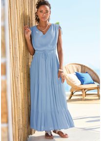 Lascana Damen Maxikleid, blau, modisch, Gr. 36, unifarben, Cru00eape, Obermaterial: 100% Viskose, Kleider, mit tiefem Ausschnitt aus gekreppter