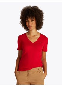 Tommy Hilfiger Damen T-Shirt "CODY, Slim Fit", rot, casual, Gr. XS, unifarben, Jersey, Obermaterial: 100% Baumwolle, Shirts, mit V-Ausschnitt